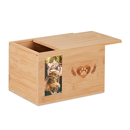 Relaxdays Tierurne Bambus, Haustier Urne für Hunde & Katzen, mit Foto, Hundeurne, HxBxT: 14,5 x 19,5 x 14,5 cm, Natur