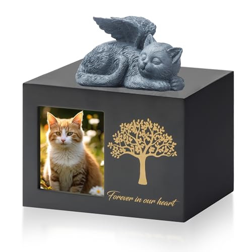 DiDiBirDi Tierurnen für Katze,Haustier Einäscherung Box,Katze Urne für Asche,Schwarze Katze Urnen aus Holz für Asche,Wird mit Einer Katzenengel-Statue aus Kunstharz und einem Samtbeutel zur Aufbewahr