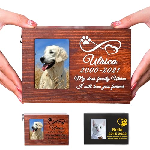 Buaodam Personalisiert Hunde urnen, Katzen urnen Gravur Namen, Datum und Text, Personalisierte Holzurne/Ascheschatulle mit Fotoschlitz Urn Souvenir Holzbox für Hund Katze(Druckverfahren)